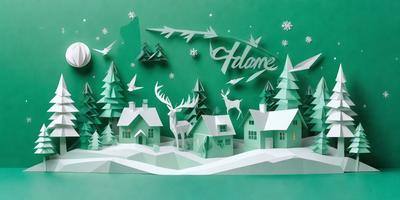 Primary subject: A winter scene with a deer and a house.

Setting/background: The scene is set in a snowy environment, with a house and a forest in the background.

Visual style: The image is a digital artwork, featuring a 3D-like representation of the winter scene.

Colors and mood: The image is predominantly green, with white snow and a few other colors, creating a cozy and festive atmosphere.